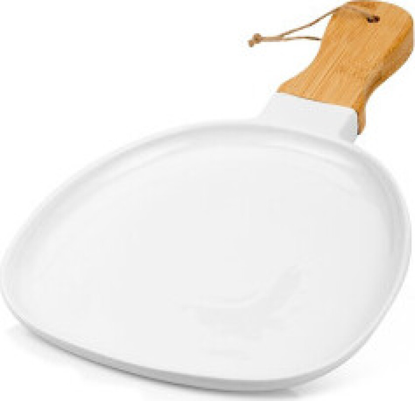 Serveringsfat med håndtak i hvitt porselen og bambustre