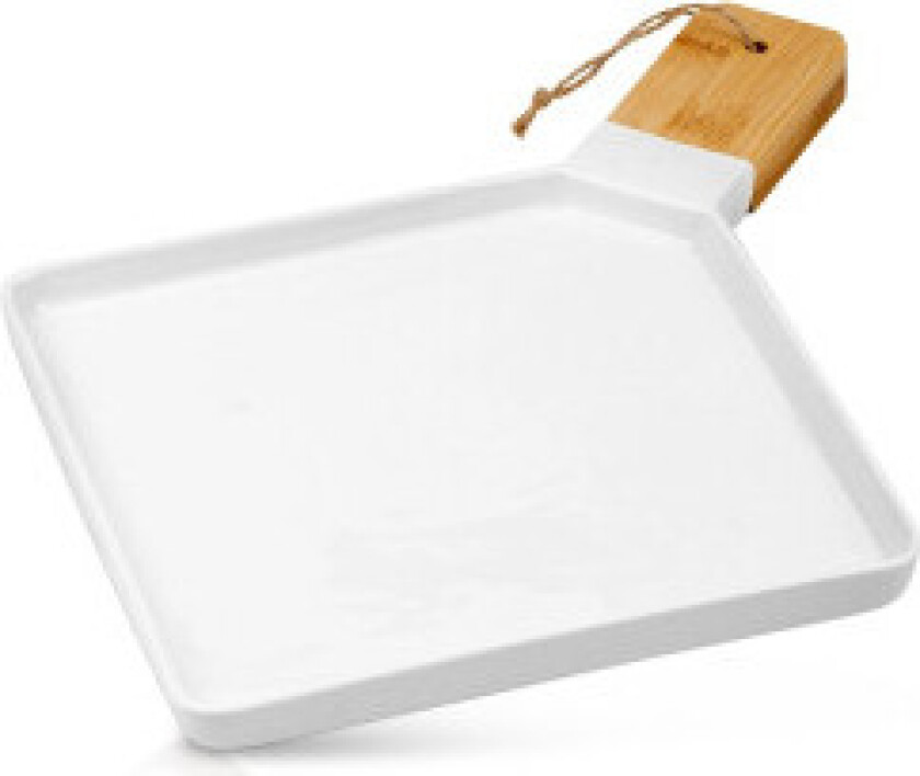 Elegant serveringsfat i porselen og bambus med håndtak