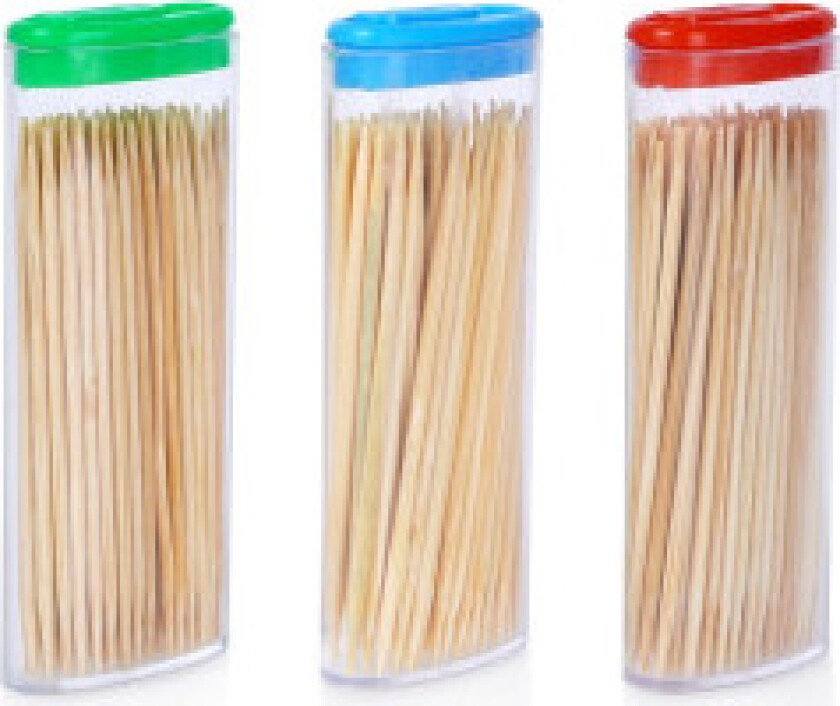 Sett med 3 stk. tannpirkere i tre, 80 stk pr pakke. Perfekt for snacks