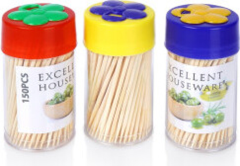 Sett med 3 pakker med tannpirkere i tre, 150 stk per pakke