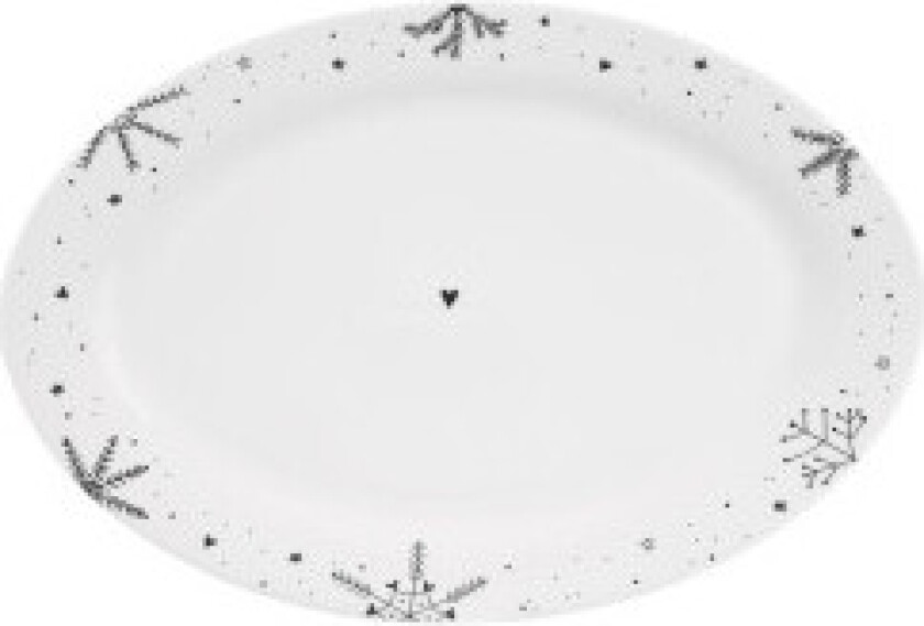Festlig oval tallerken i hvitt porselen med snøfnuggmotiv
