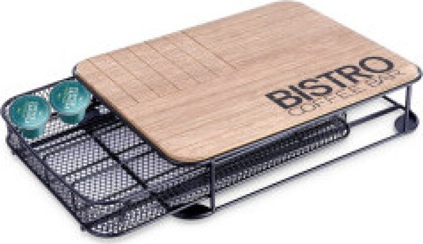 Praktisk kapselholder i matt sort metall og MDF