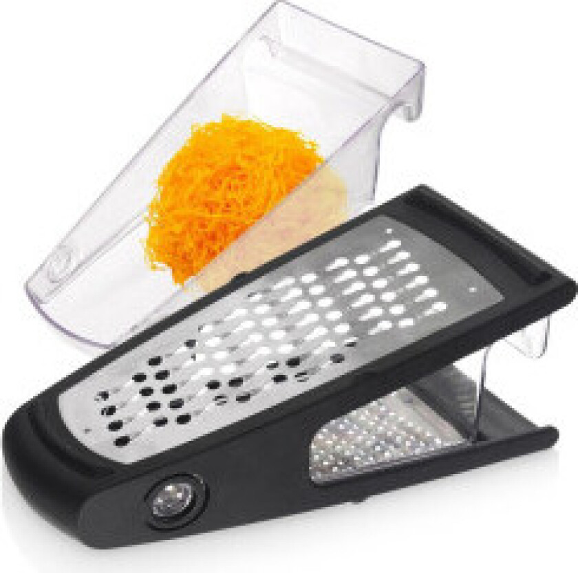 Praktisk kjøkkenhøvel med to kniver og beholder i rustfritt stål