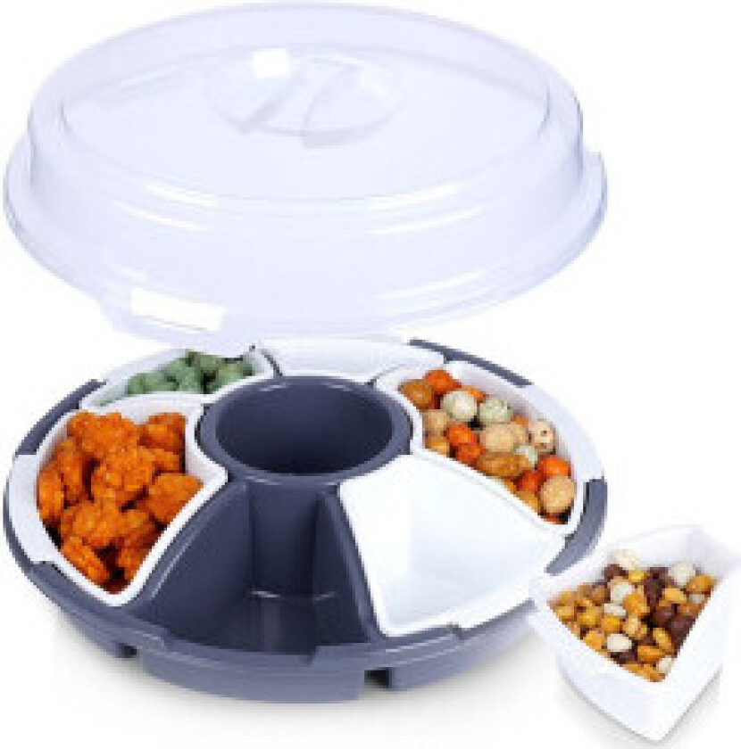 Serveringsfat med lokk og uttakbare innsatser for snacks