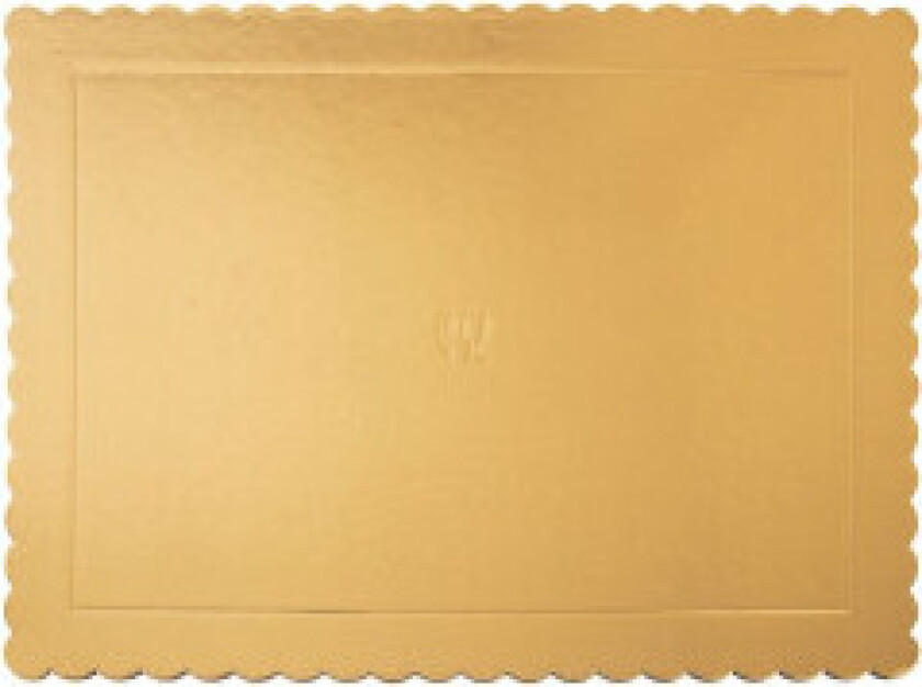 Rektangulært kakefat 40x30 cm i skinnende gullpapp