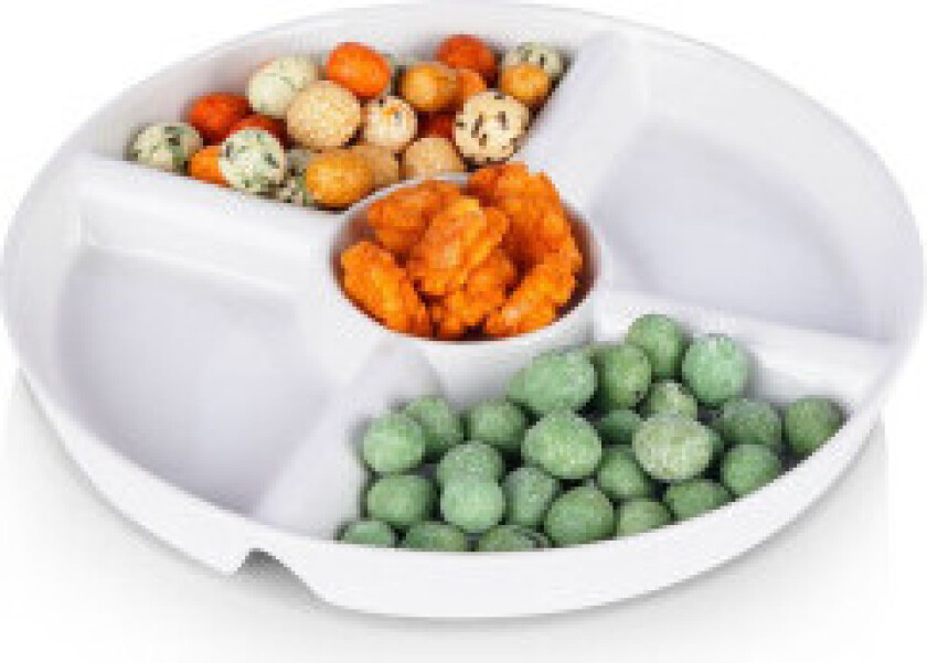 Hvit keramisk serveringsfat med fem seksjoner for snacks