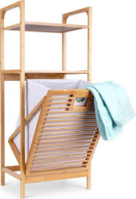 Baderomshylle med skittentøyskurv laget av bærekraftig bambus og stoff