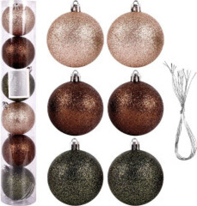 Sett med 6 uknuselige glitrende juletrekuler i 3 farger