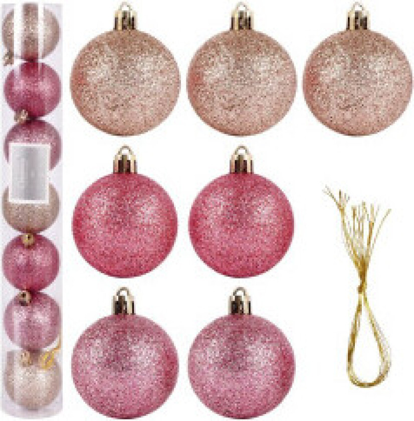 Sett med 7 slitesterke glitrende rosa juletrekuler