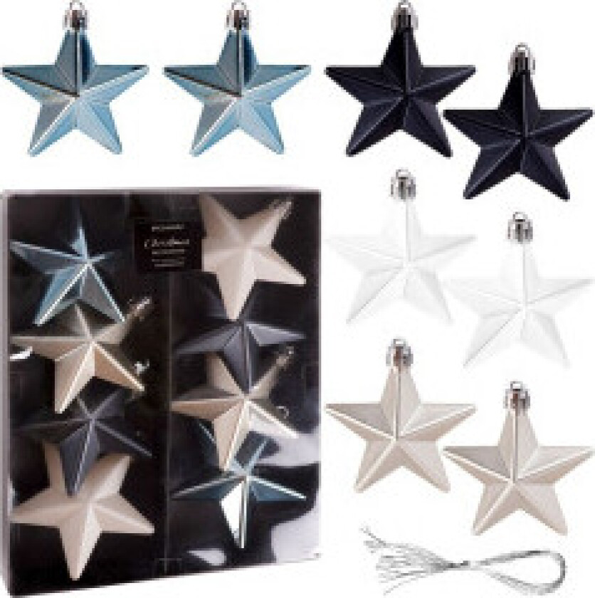 8 slitesterke juletrekuler i blå, sølv og hvit stjerneform