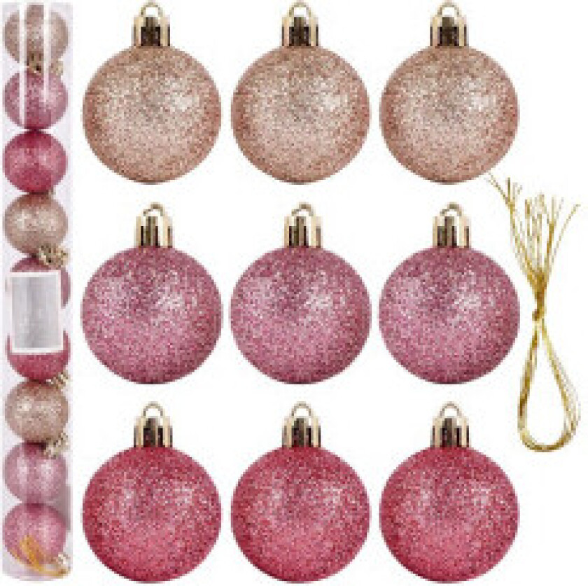 Sett med 9 uknuselige glitrende rosa juletrekuler