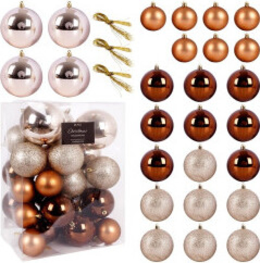Sett med 26 uknuselige julekuler i rav og perlemor