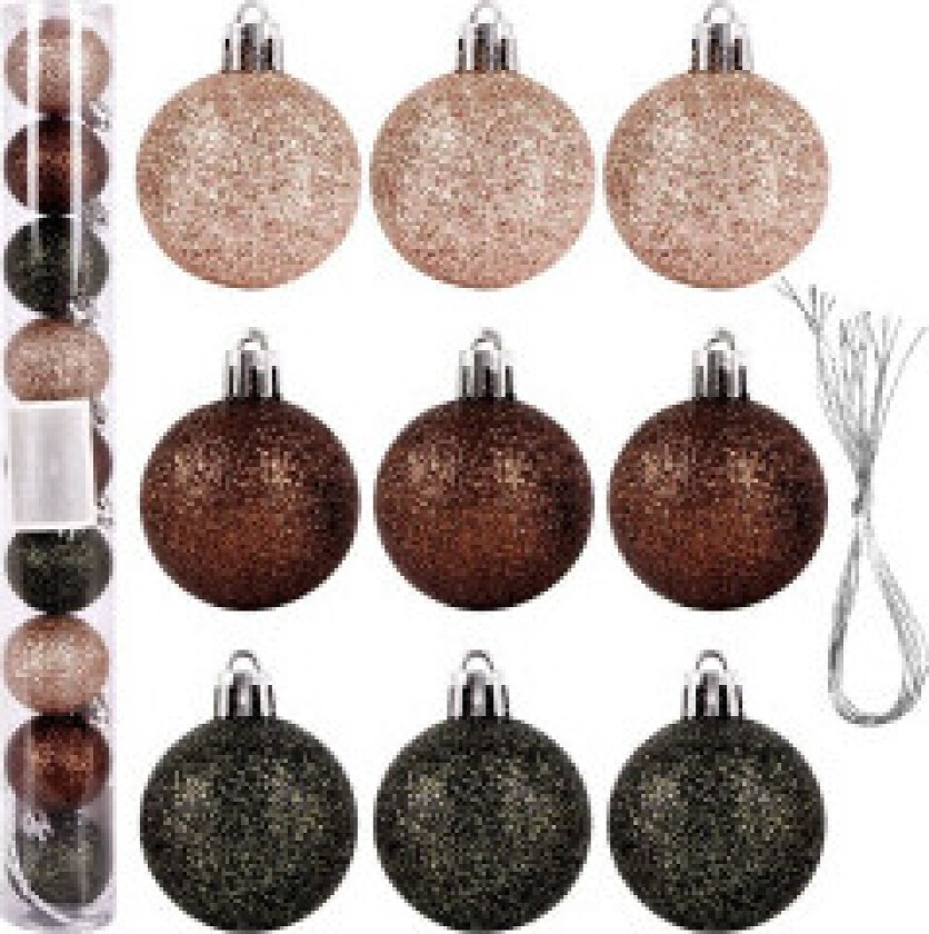 Sett med 9 slitesterke juletrekuler i perlemor, brunt og grønt