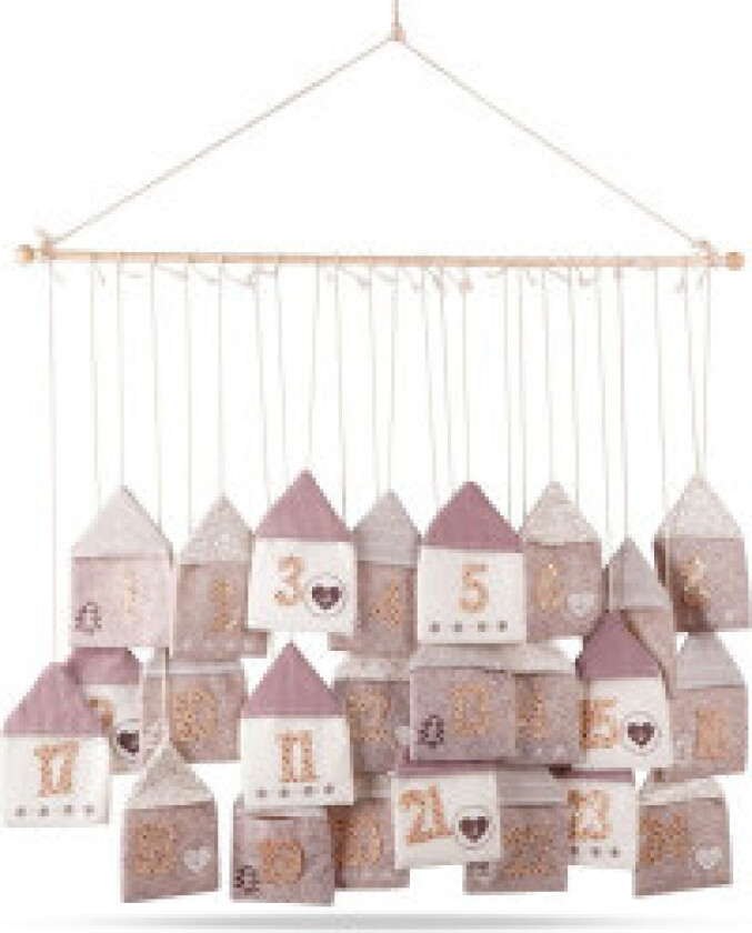 Adventskalender med 24 små hus å fylle med overraskelser