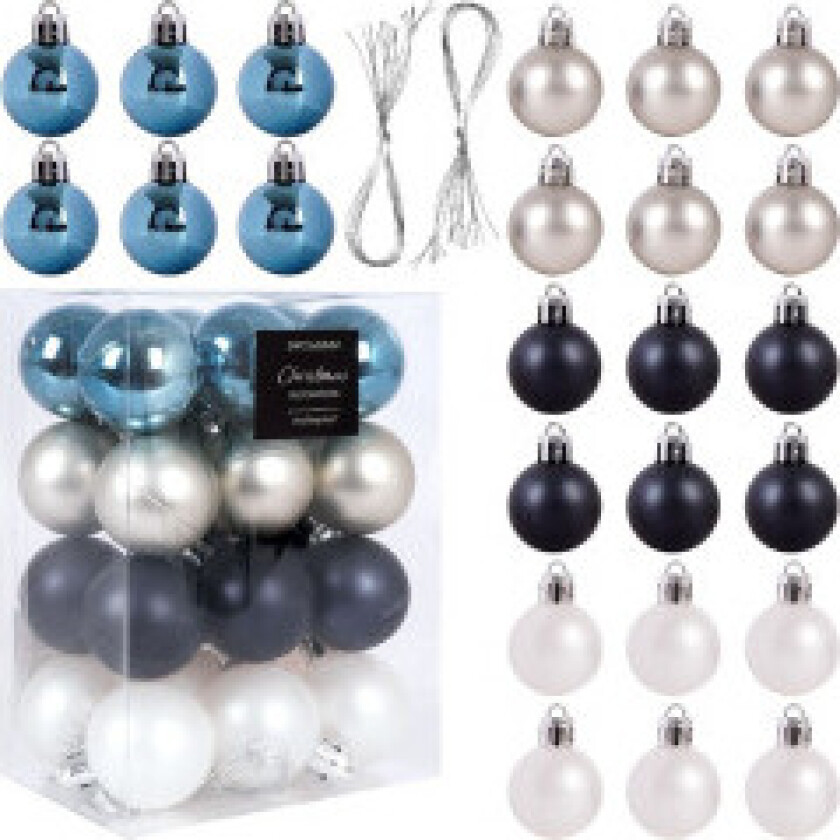 Sett med 24 uknuselige juletrekuler: hvit, sølv, blå, mørkeblå