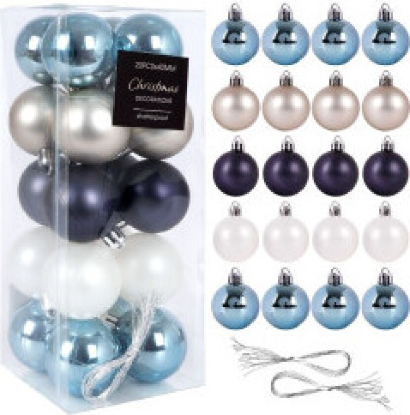 Sett med 20 uknuselige juletrekuler i hvitt, sølv og blått