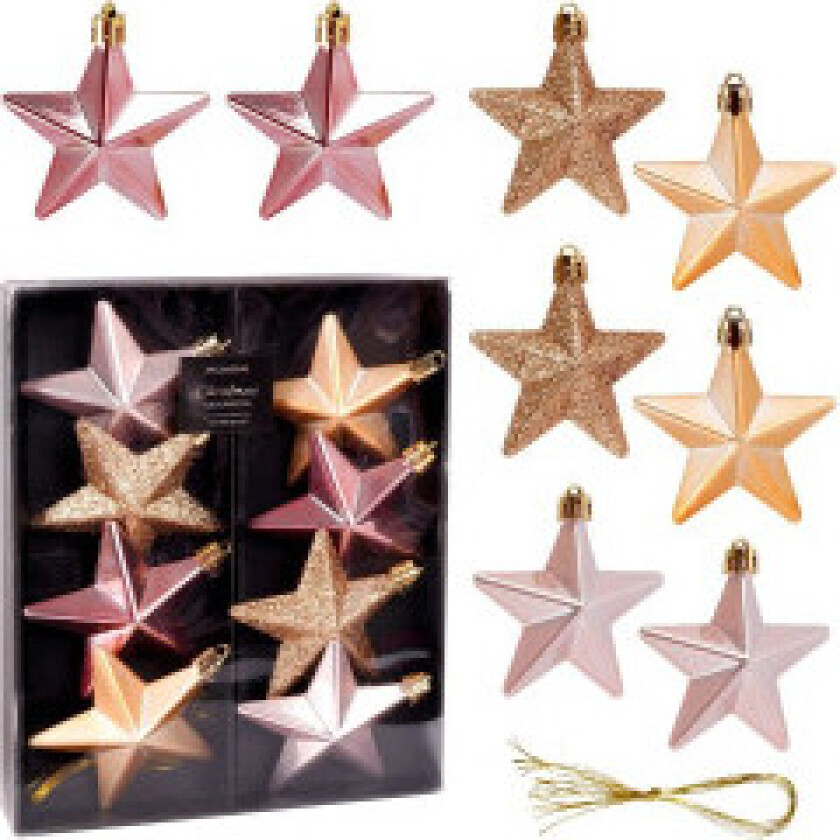 Sett med 8 uknuselige juletrekuler i gull og rosa