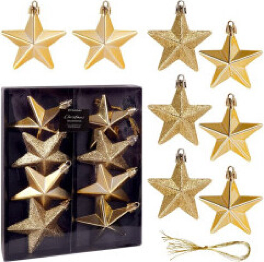 Sett med 8 uknuselige stjerneformede juletrekuler i gull