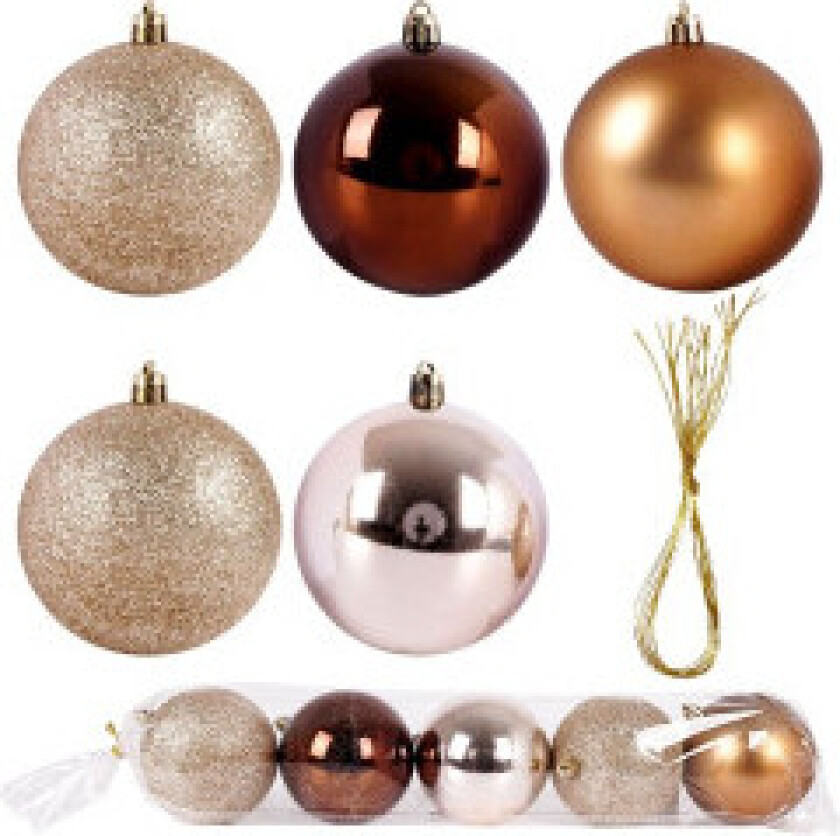 Sett med 5 uknuselige julekuler i glitrende rav