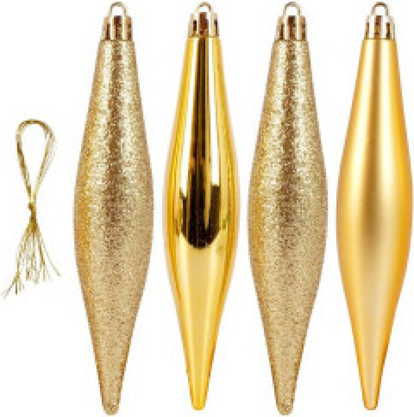 4 uknuselige istappformede juletrekuler i gull