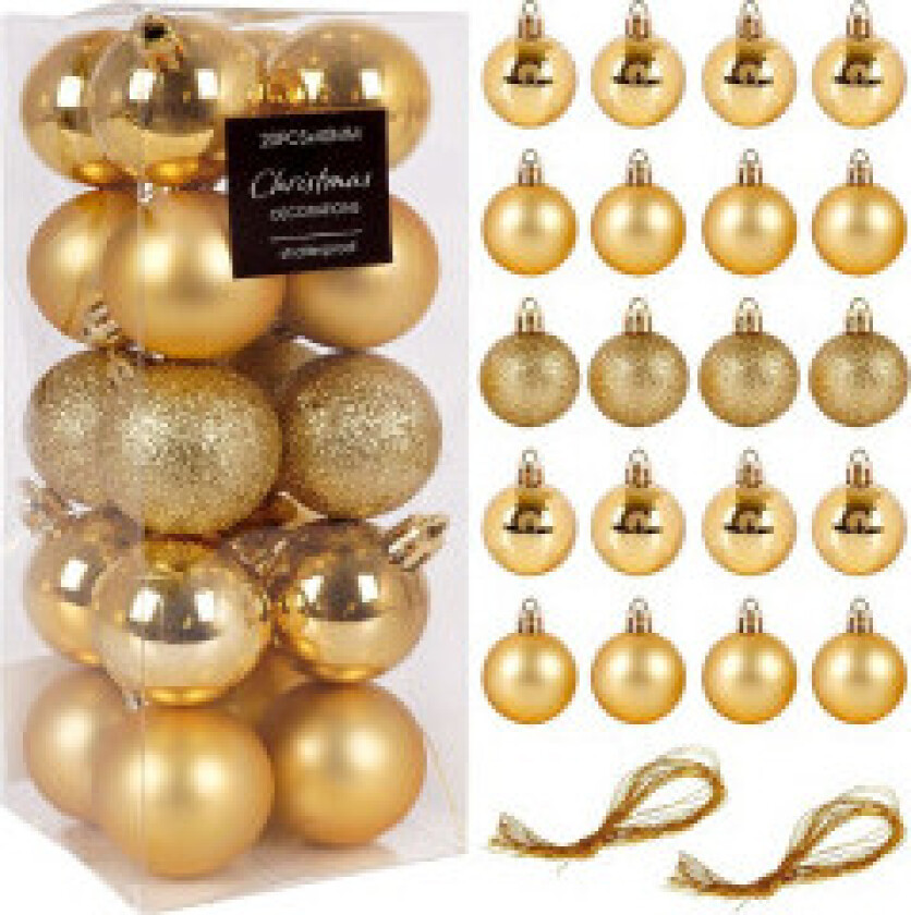 Sett med 20 uknuselige juletrekuler i gull, glitrende og matt