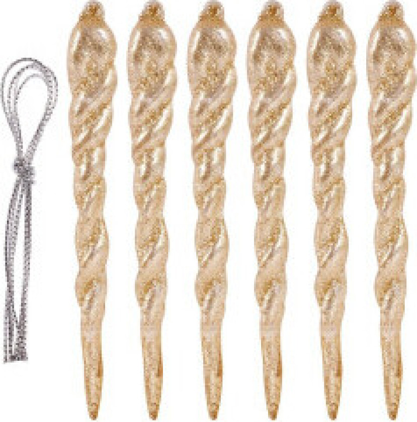 6 dekorative juletrekuler i akryl med gullglitter