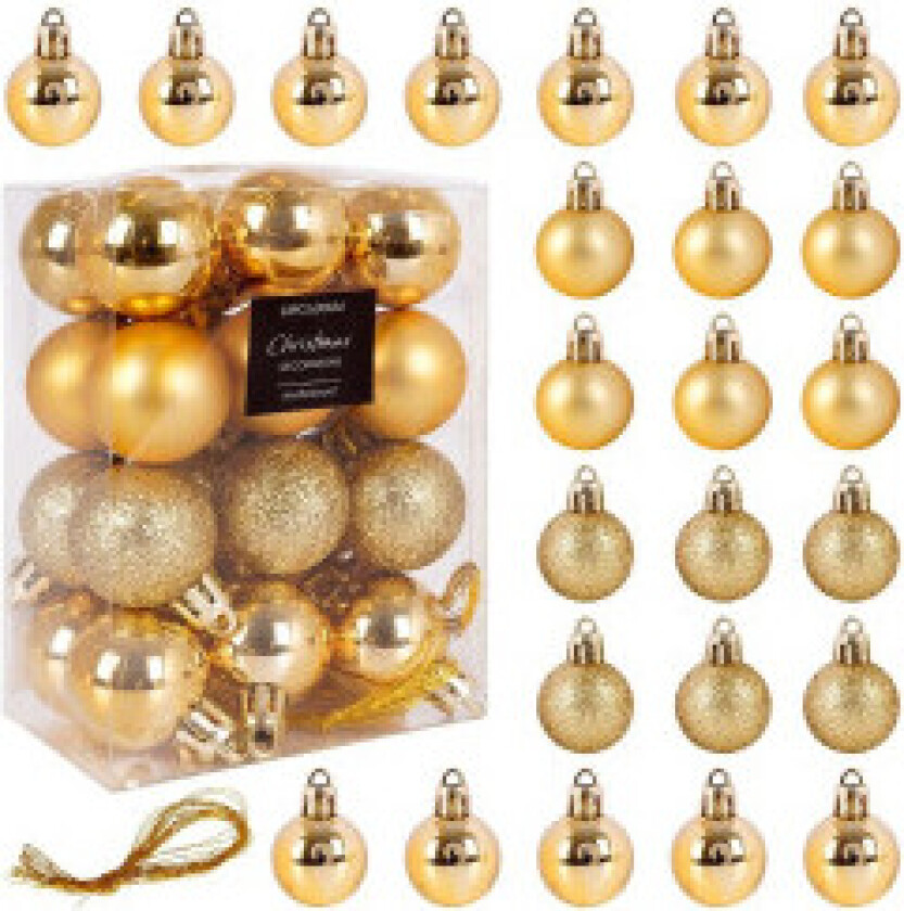 Sett med 24 uknuselige julekuler i gull til juletre