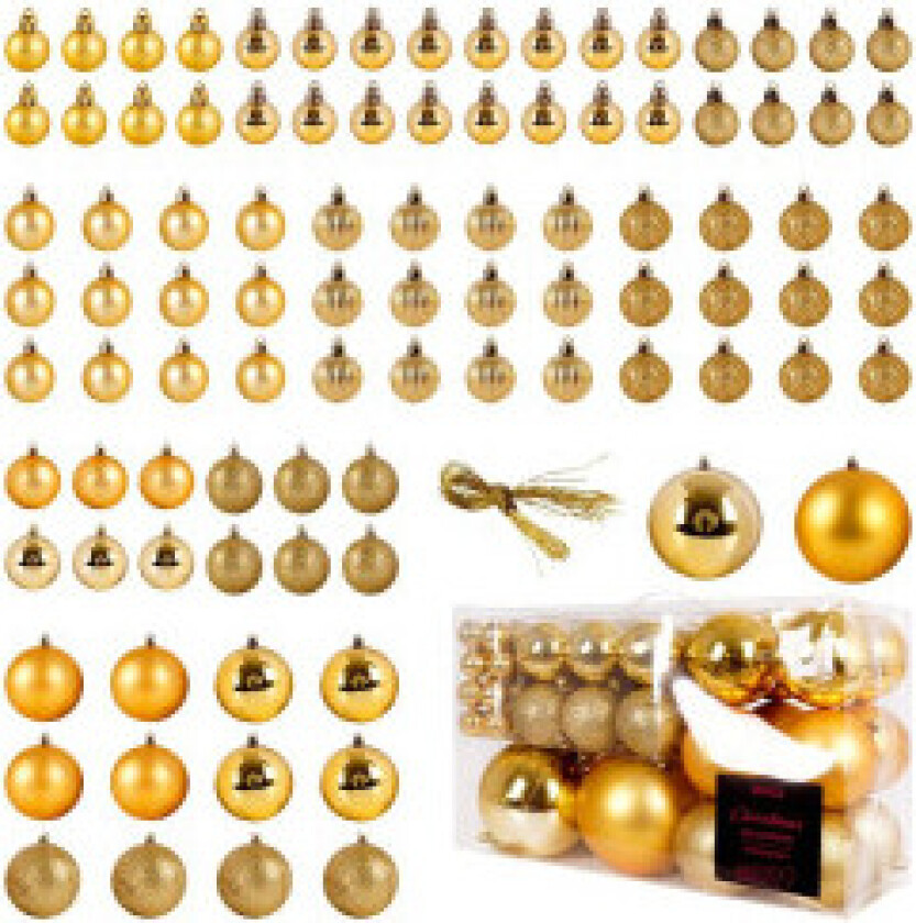 Stort sett med 94 uknuselige juletrekuler i gull