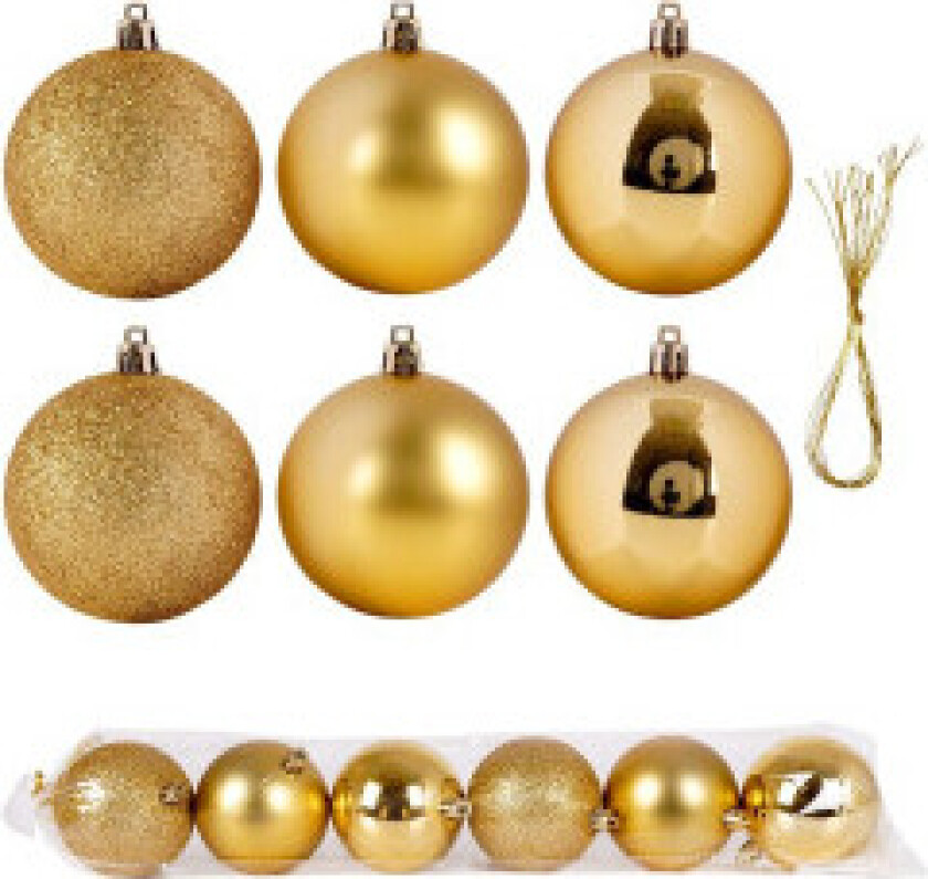 Sett med 6 uknuselige juletrekuler i gull