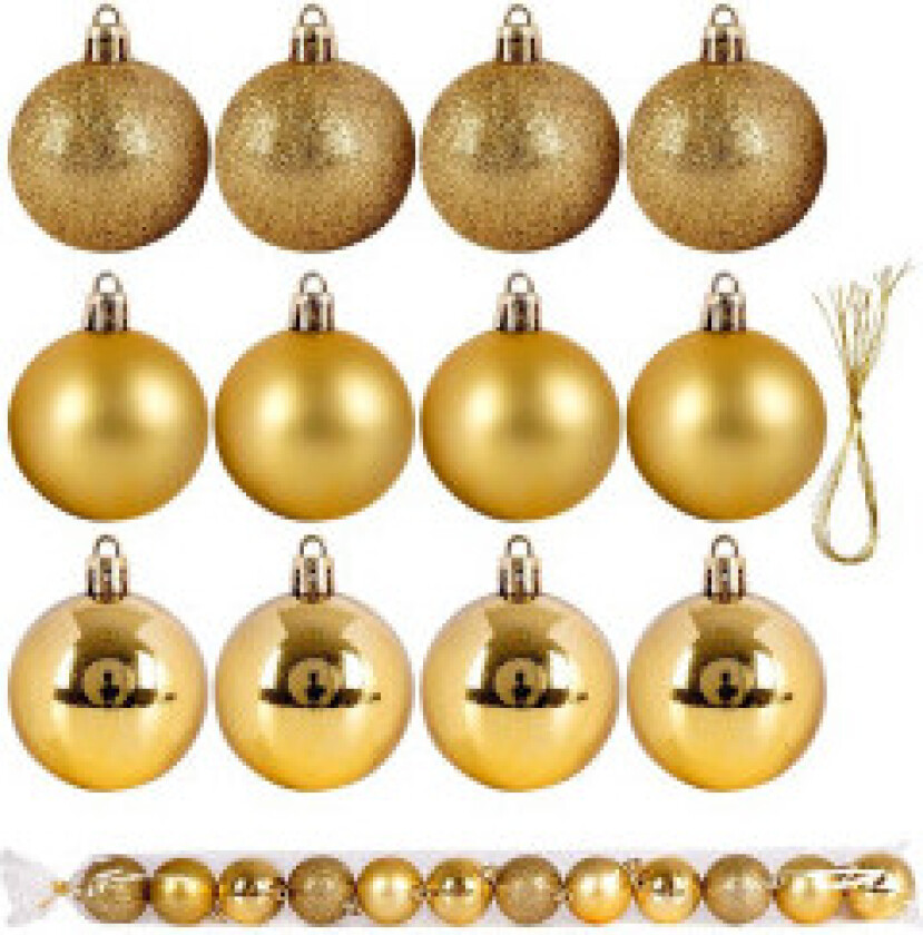 Sett med 12 uknuselige juletrekuler i gull
