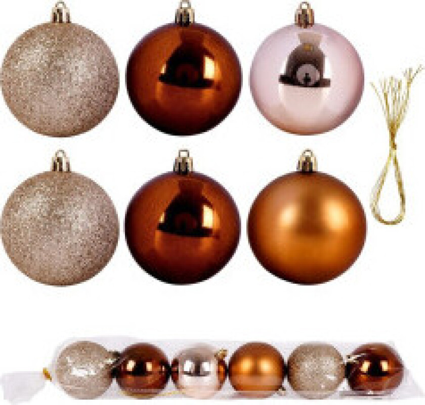 Sett med 6 uknuselige juletrekuler i ravfarge