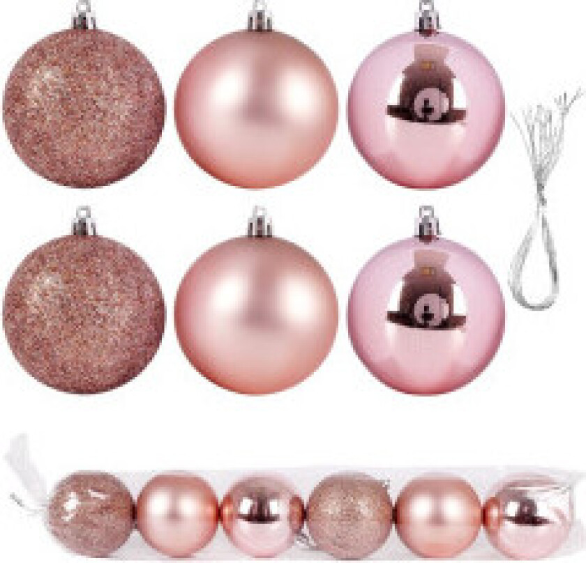 Sett med 6 rosa juletrekuler: uknuselige, holdbare og trygge