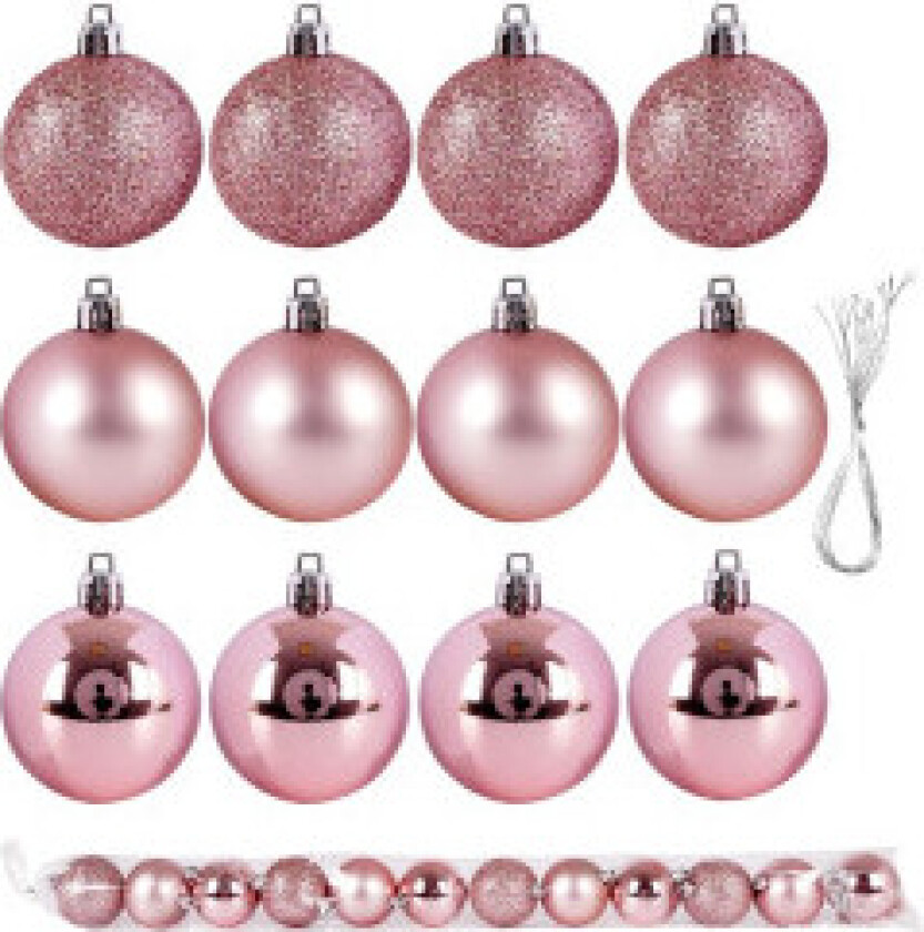 Sett med 12 uknuselige juletrekuler i rosa