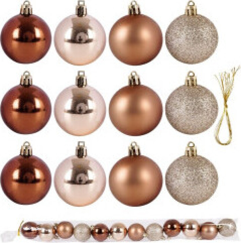 Sett med 12 uknuselige juletrekuler i gull - glitrende, matt, skinnende