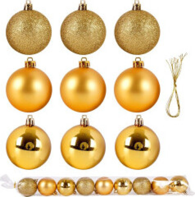 Sett med 9 uknuselige julekuler i gull til treet