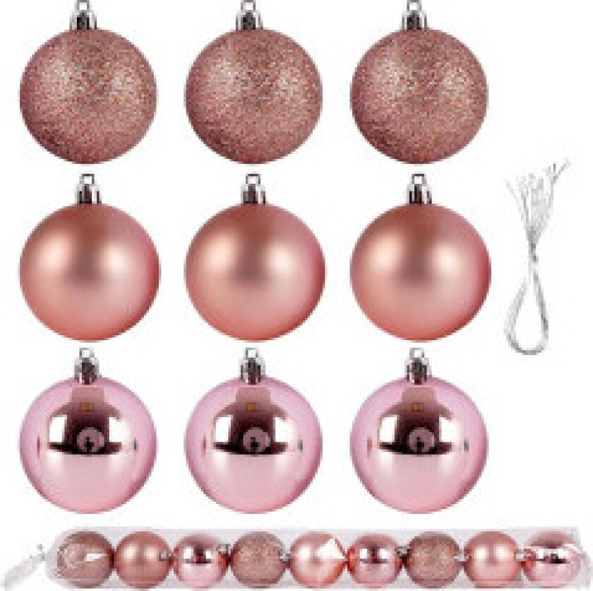 Sett med 9 rosa juletrekuler - glitrende, matte, skinnende