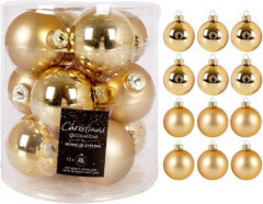 Sett med 12 gylne juletrekuler i glass, matt og skinnende