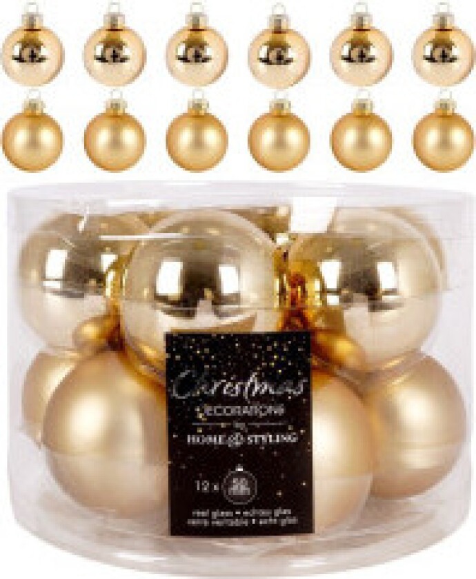 Sett med 12 dekorative gyldne juletrekuler i glass