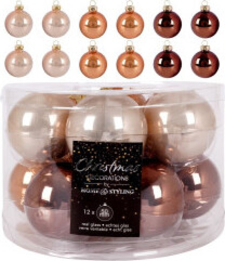 Sett med 12 dekorative juletrekuler i glass, 3 farger