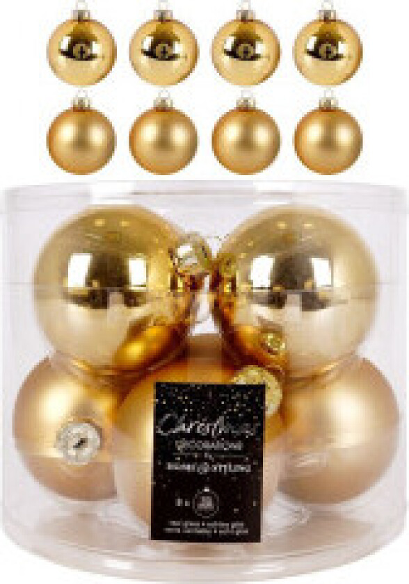 Sett med 8 juletrekuler i gylne glass - matt og blank