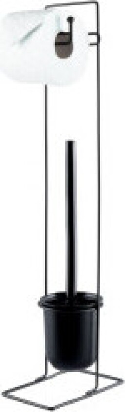 Toalettbørste med papirholder, sort metall og plast