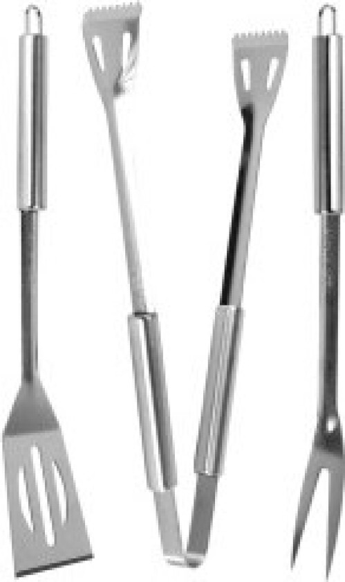 Grillredskaper i rustfritt stål: spade, tang, gaffel