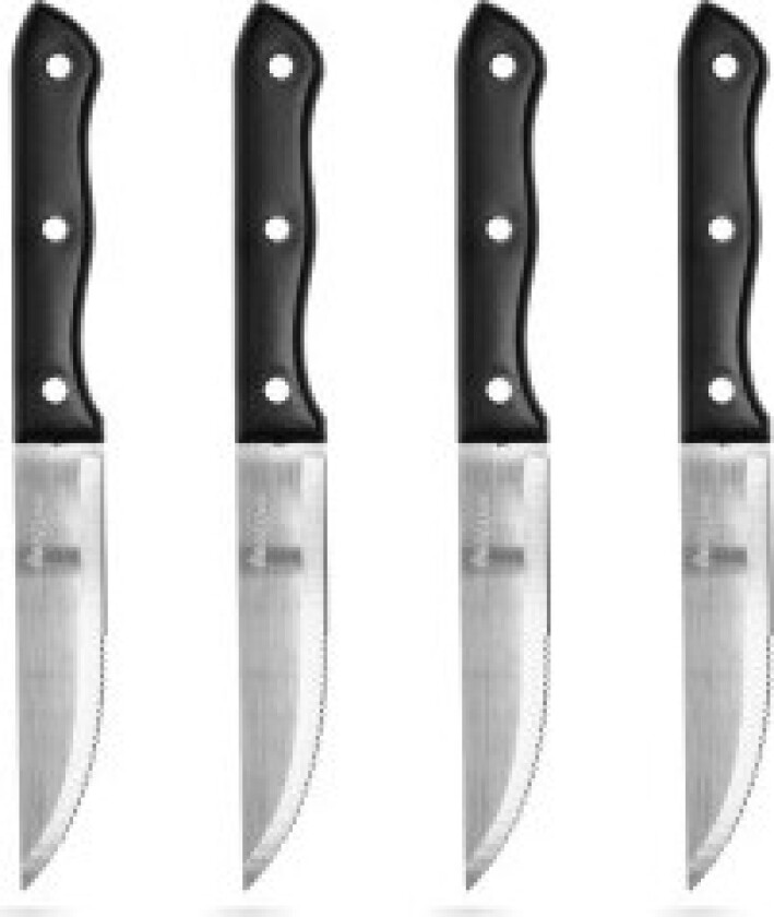 Fire biffkniver med taggete blad og komfortable håndtak