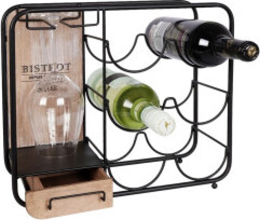 Elegant vinstativ i sort metall med glassoppheng, rommer 6 flasker