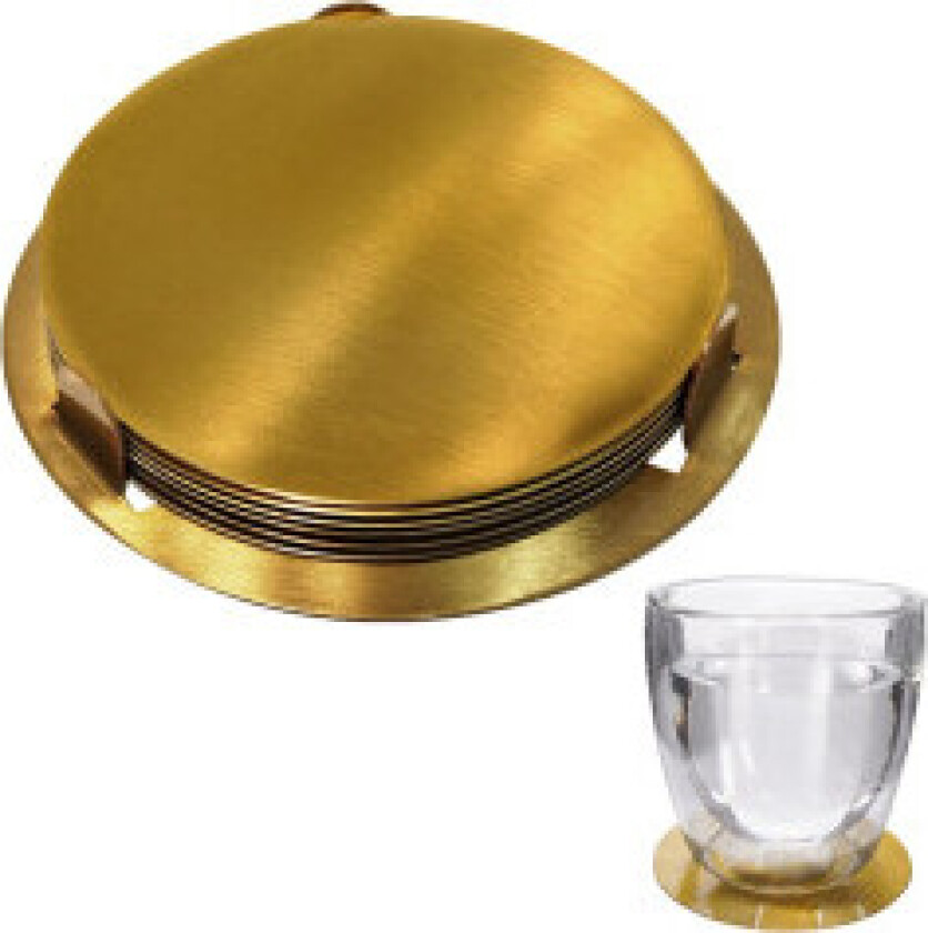 Seks stilige coasters i gullfarget rustfritt stål med et beskyttende lag