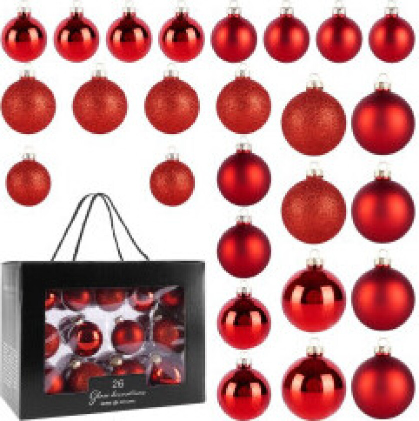 26 dekorative juletrekuler i rødt glass - matt, glitrende, skinnende