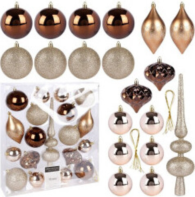 Uknuselige juletrekuler i gull og rav, 19-pakning