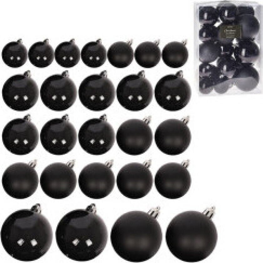 Sett med 26 sorte juletrekuler, uknuselige, matte og blanke