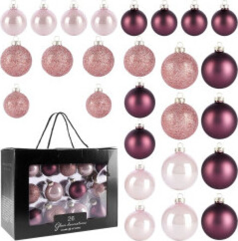 Sett med 26 dekorative juletrekuler i rosa glass