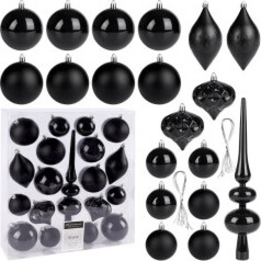 19-delers uknuselige sorte juletrekuler, matte og skinnende